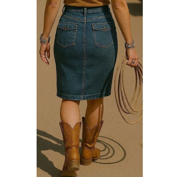 GAP JEANS Women's Size 8 Blue Denim Pencil Skirt - Front Zip/Slit Pocket Buttons - Picture 2 of 6